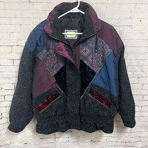 Vintage 80s Wool Velvet Coat Karizma Patchwork Purple Gray Women Small Oversized